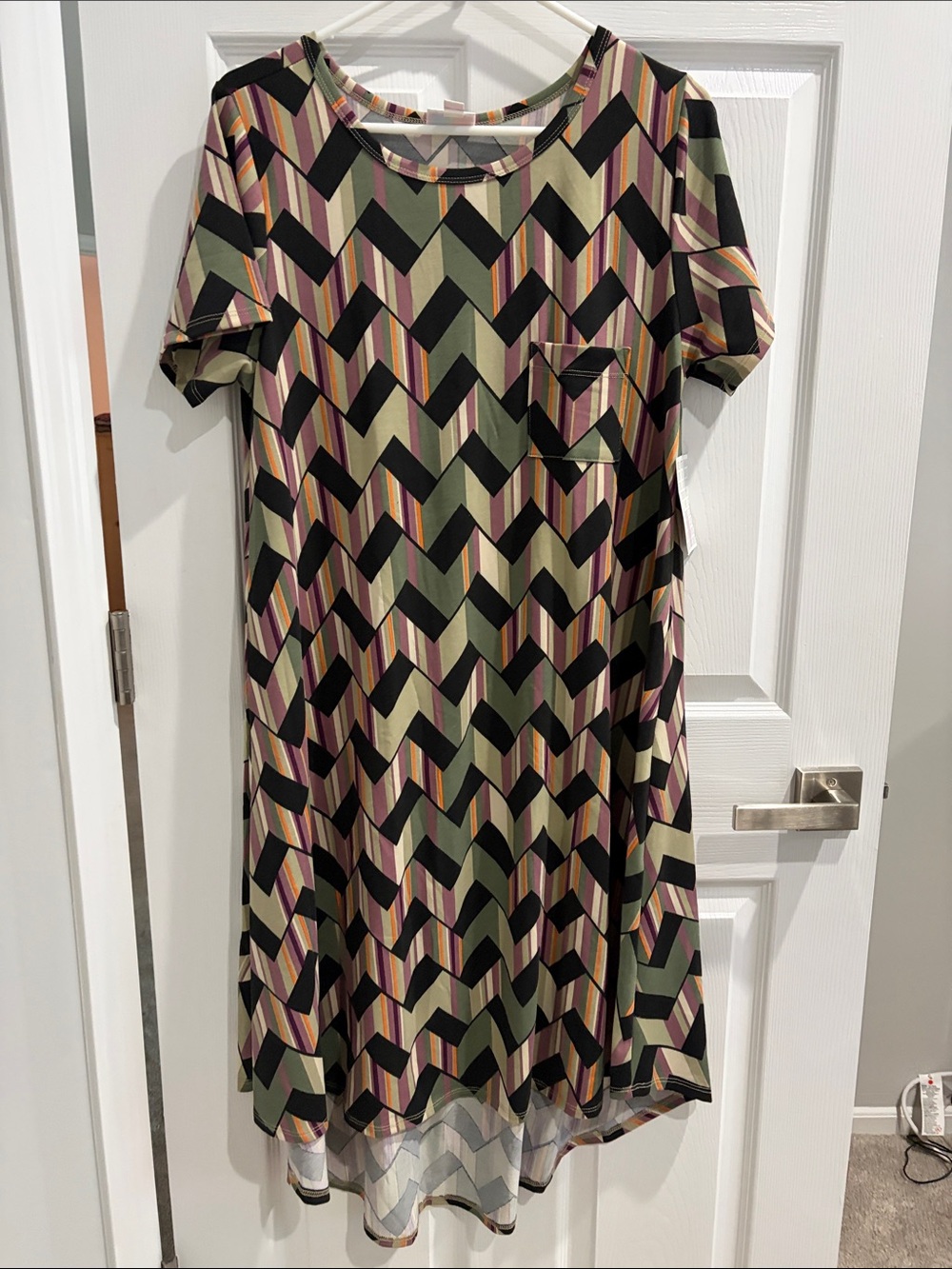 LuLaRoe Zigzag A-Line Dress in Olive, Black & Pink